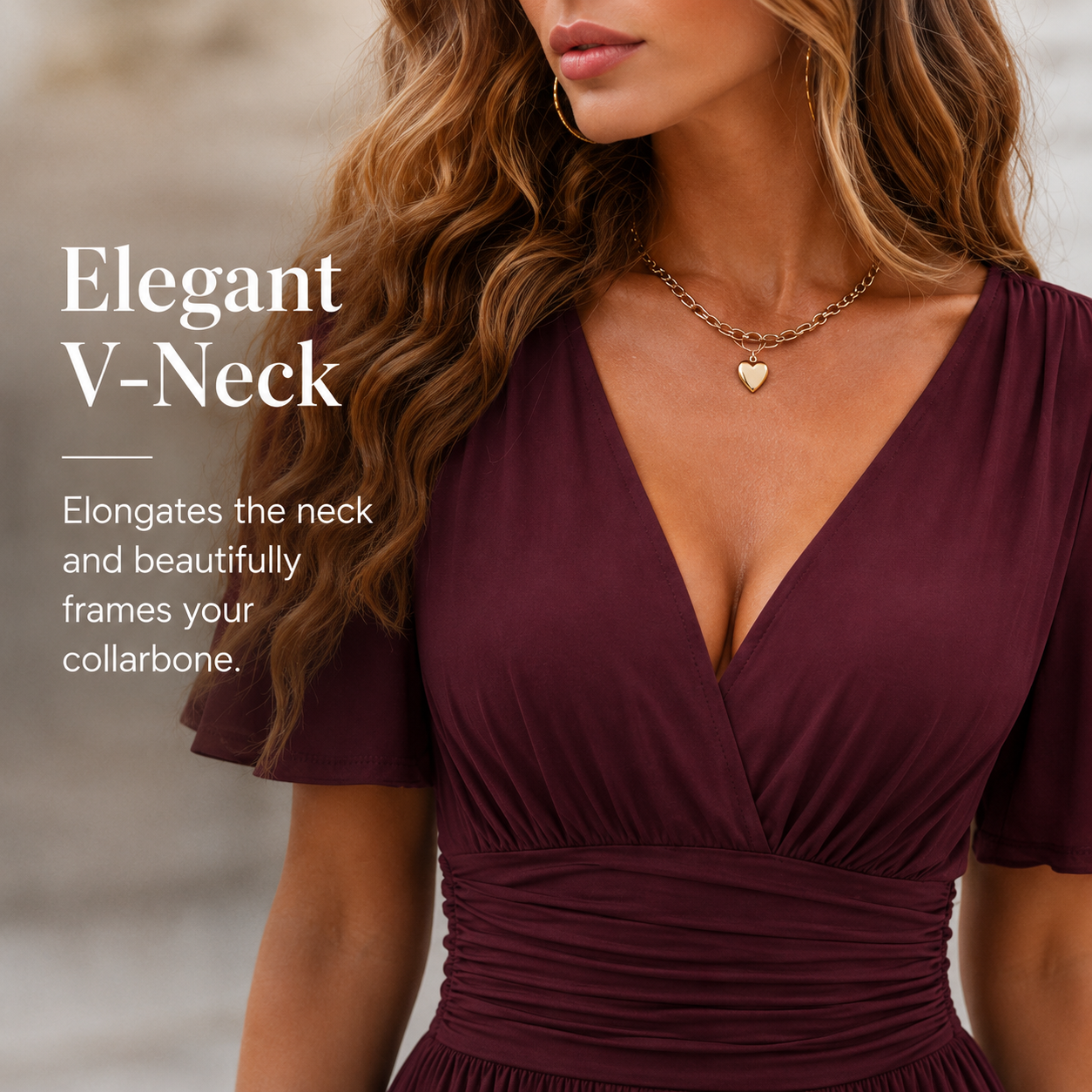 Women's Elegant Ruched Mid-Rise Dress - Flattering V-Neck Knit Midi Dress