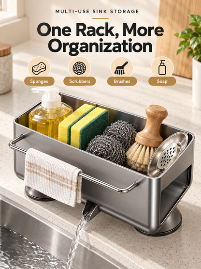 🧽 Auto-Draining Sink Sponge Holder – No-Drill Suction Cup Kitchen Organizer