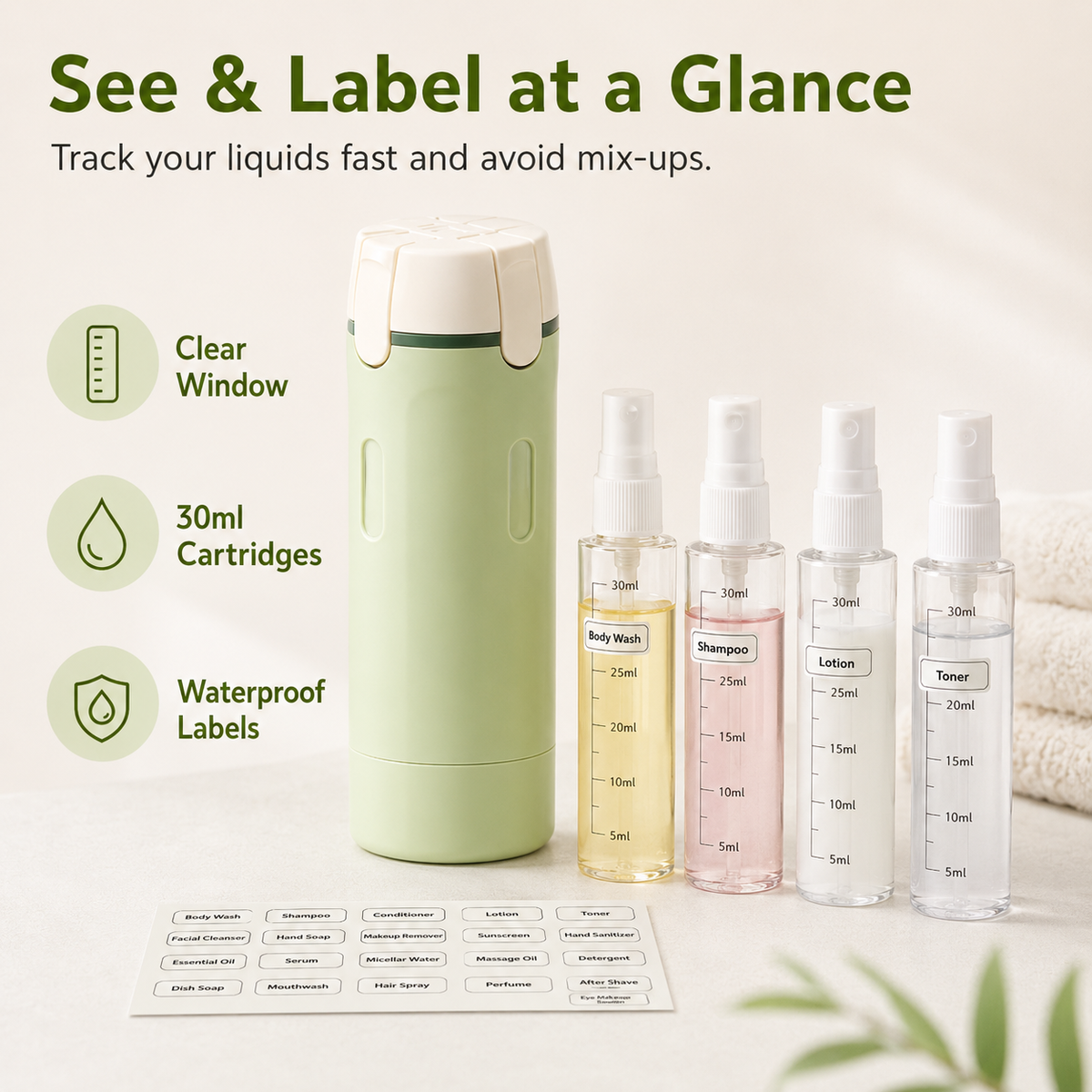 ✈️ 4‑in‑1 Leakproof Travel Bottles, 360° Rotary Toiletry Organizer 🧴