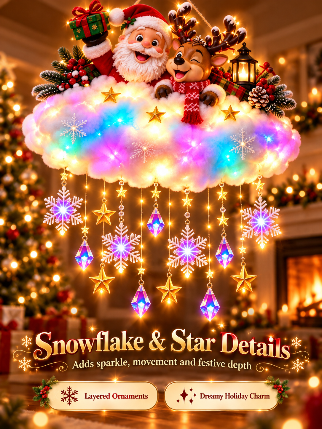 🎄 Angelic Christmas Cloud Light – Magical Santa & Reindeer Hanging Holiday Decoration
