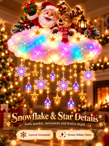🎄 Angelic Christmas Cloud Light – Magical Santa & Reindeer Hanging Holiday Decoration