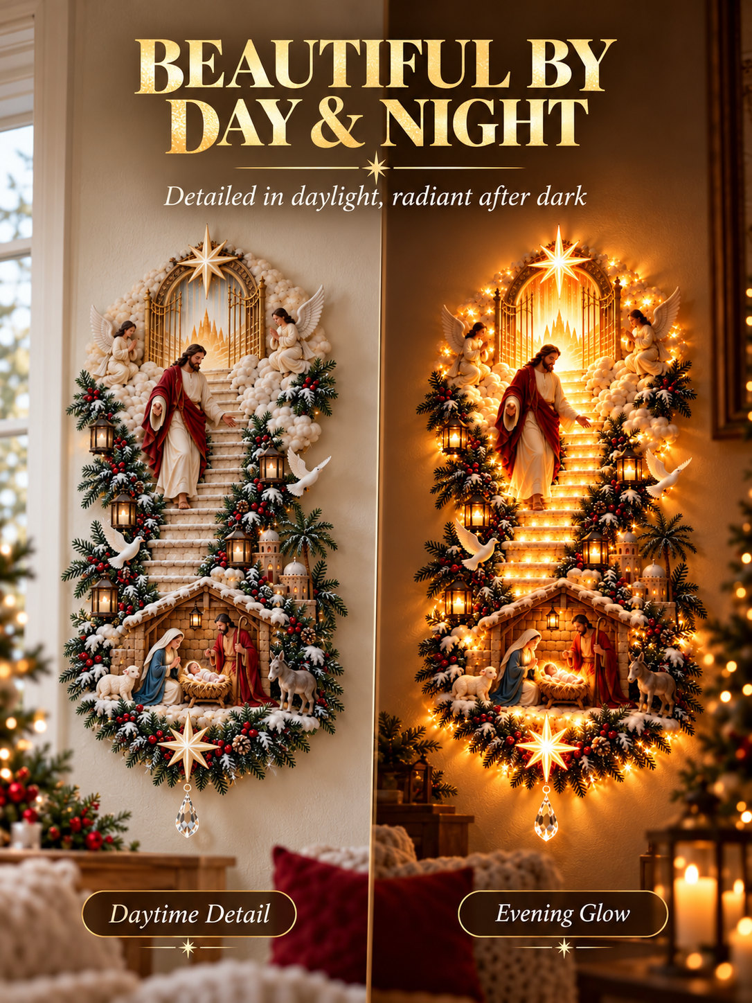✨ Jesus Light of Heaven Christmas Wall Hanging | Illuminated Nativity Stairway Decor ✝️