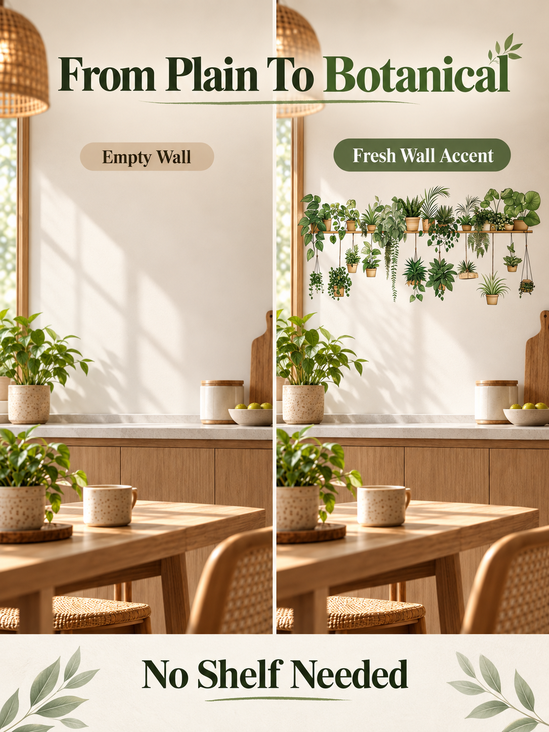 🌿 Botanical Shelf Wall Stickers – 2-Piece Self-Adhesive Plant Decor