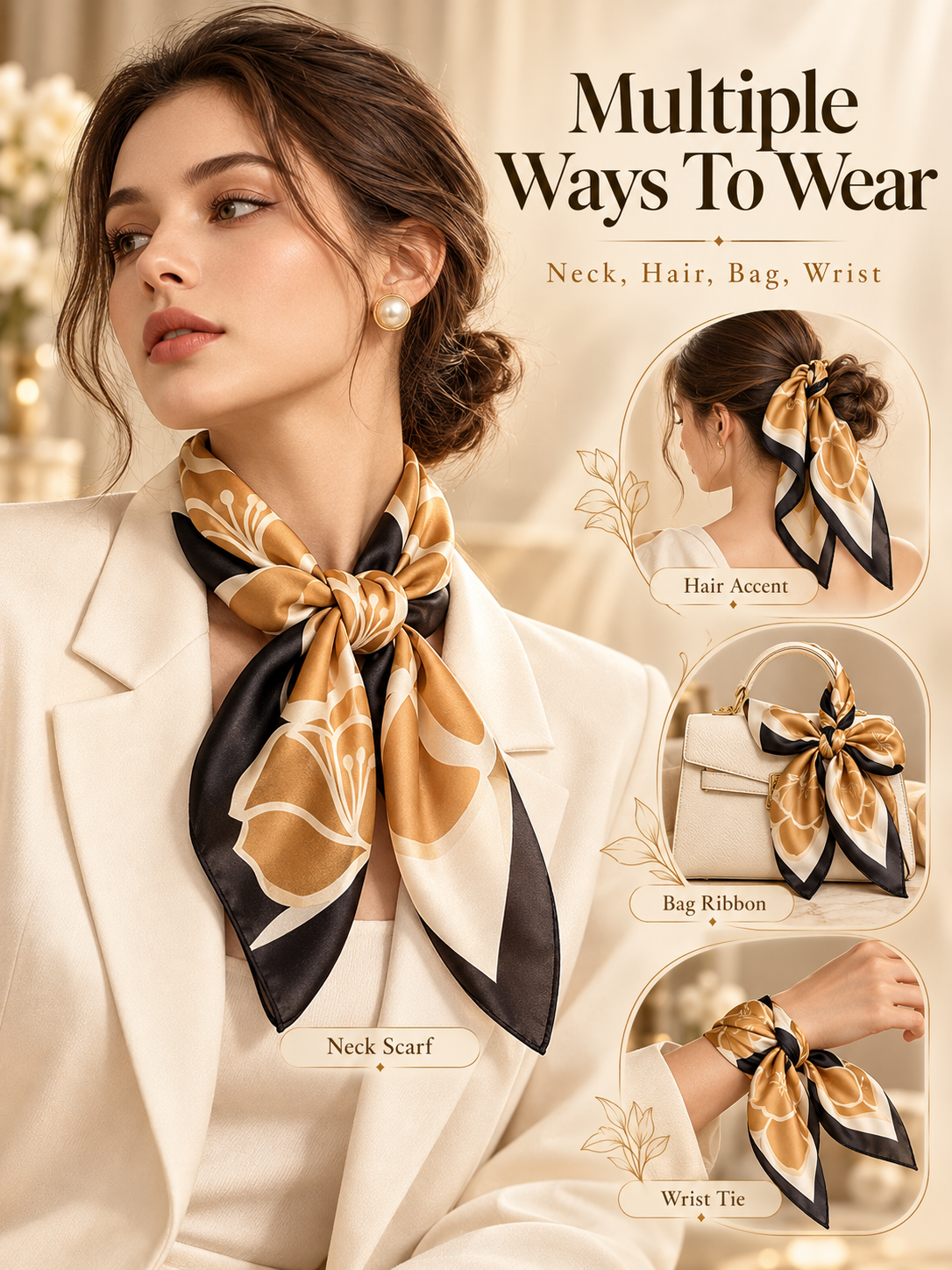 ✨ Satin Square Neck Scarf – Elegant Black & Champagne Fashion Accessory
