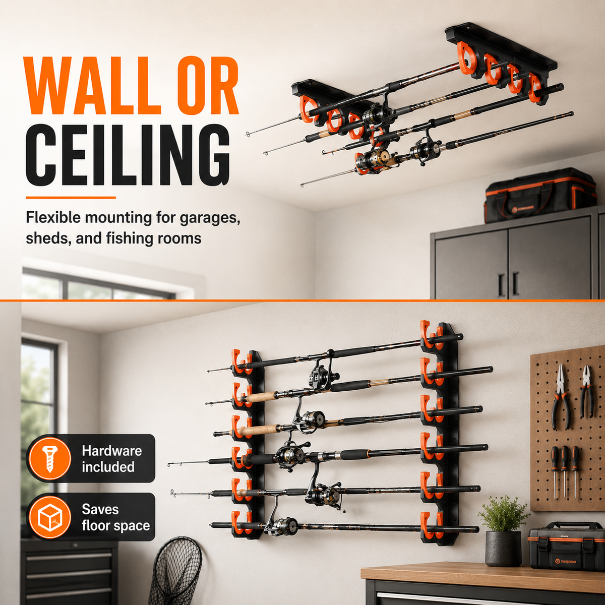 Heavy-Duty 10-Rod Garage Fishing Pole Holder – Wall & Ceiling Mount Organizer