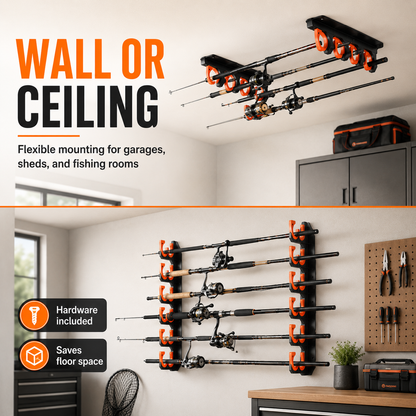 Heavy-Duty 10-Rod Garage Fishing Pole Holder – Wall & Ceiling Mount Organizer