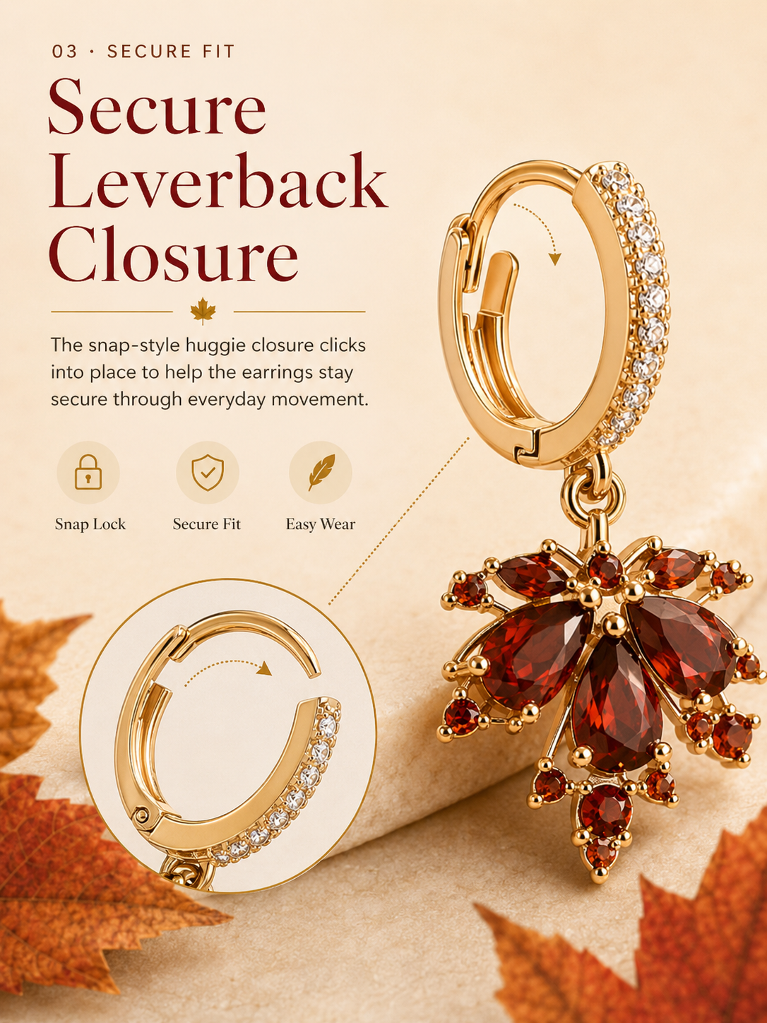 🍁 Autumn Glow: Crystal Maple Leaf Drop Earrings in Gold Finish