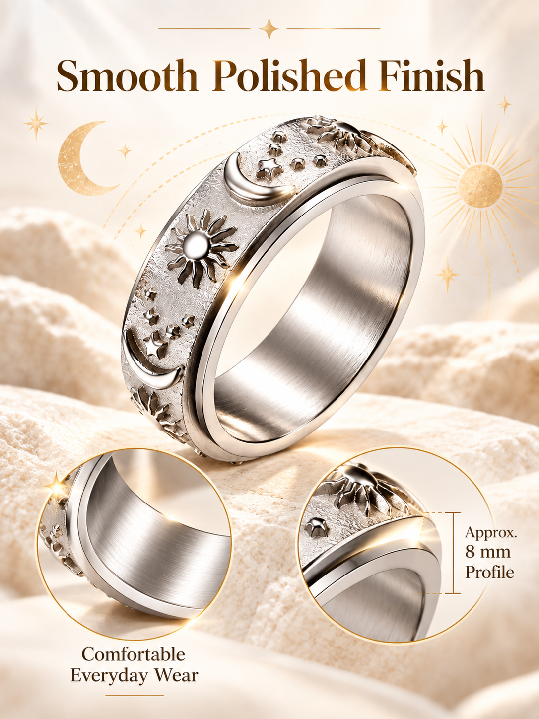 💍Sun‑Moon‑Star Embossed Rotating Spinner Ring Collection
