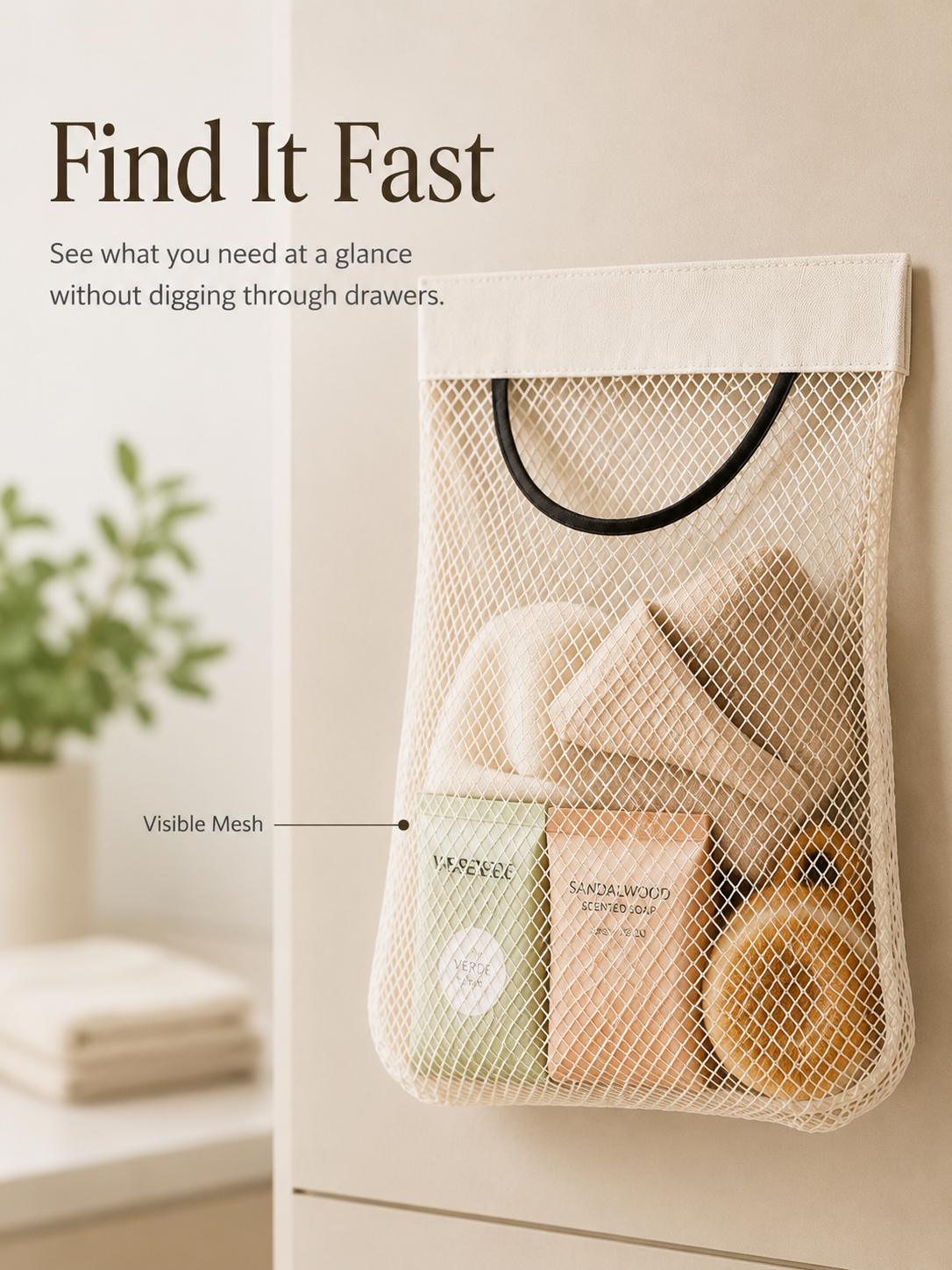 🧺 No-Drill Hanging Mesh Organizer – Self-Adhesive Space-Saving Storage Pouch