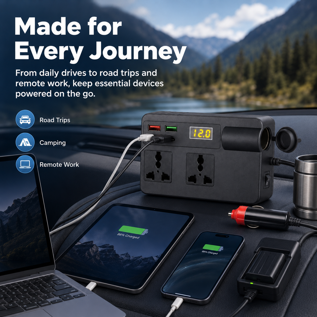 ⚡ Portable Car Power Inverter – Turn Your Vehicle Into a Mobile Power Station | QC3.0 Fast Charging & USB Power Supply