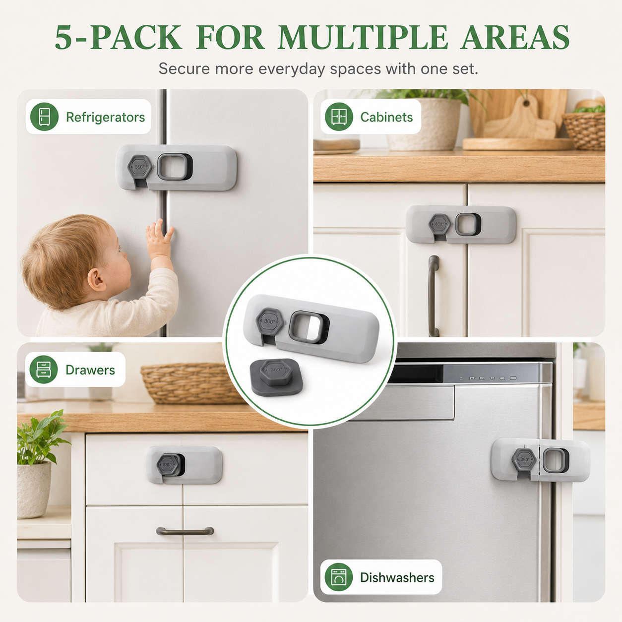🔒 5-Pack Child Safety Locks – No Drill, Easy Install