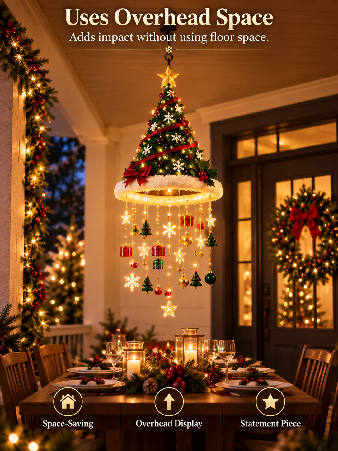🎄 Lighted Christmas Hanging Chandelier – Tree & Santa Hat Holiday Décor