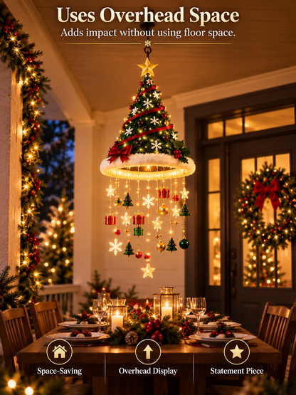 🎄 Lighted Christmas Hanging Chandelier – Tree & Santa Hat Holiday Décor