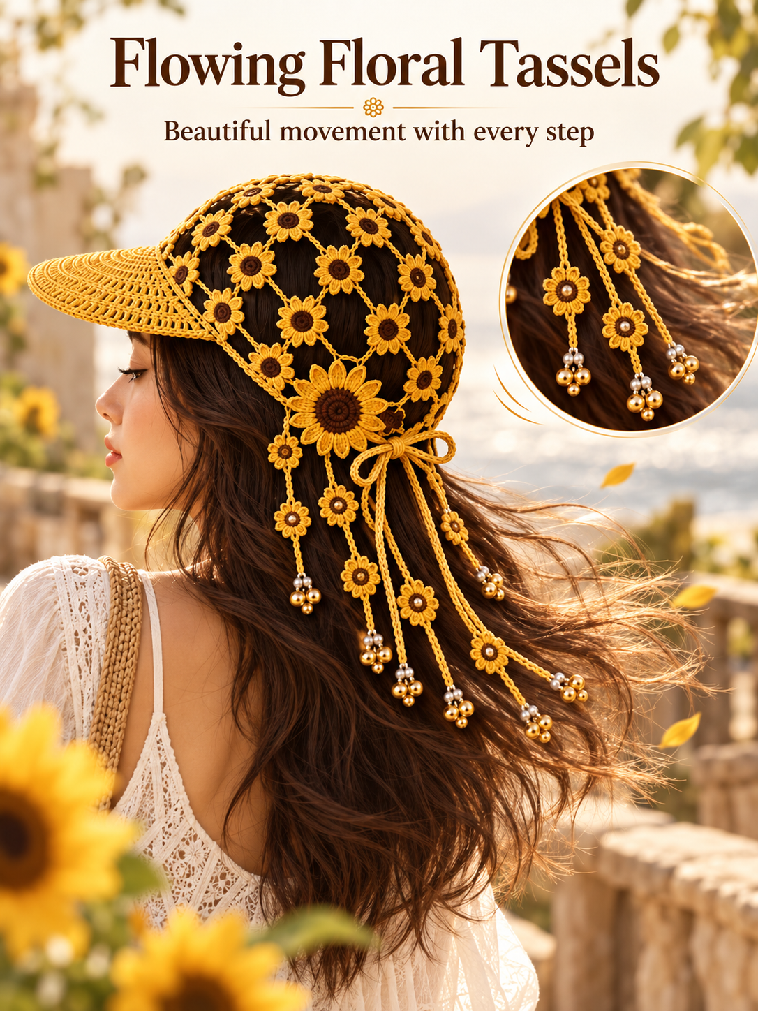 🌻 Handmade-Style Crochet Sunflower Boho Cap – Open-Knit Floral Tassel Baseball Hat