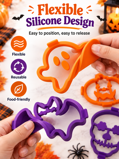 🎃 4-Piece Halloween Pancake Mold Set – Ghost, Pumpkin, Bat & Skull Silicone Shapers