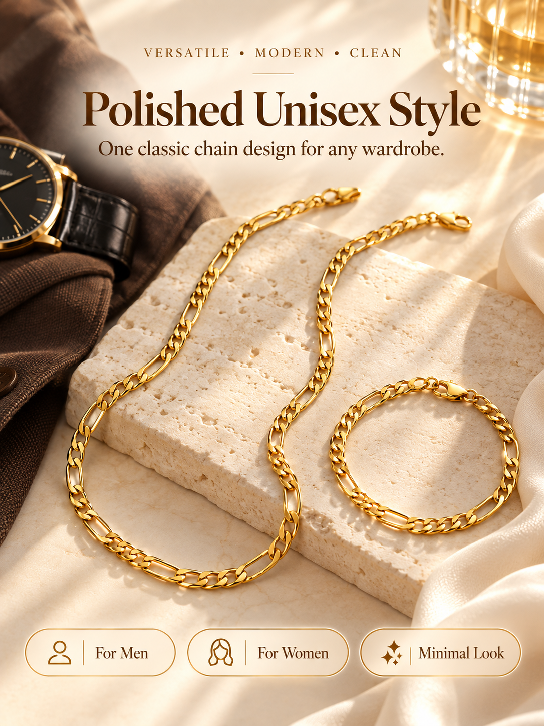 Elegant 2-Piece 18K Gold Jewelry Set – Bracelet & Necklace for Men & Women
