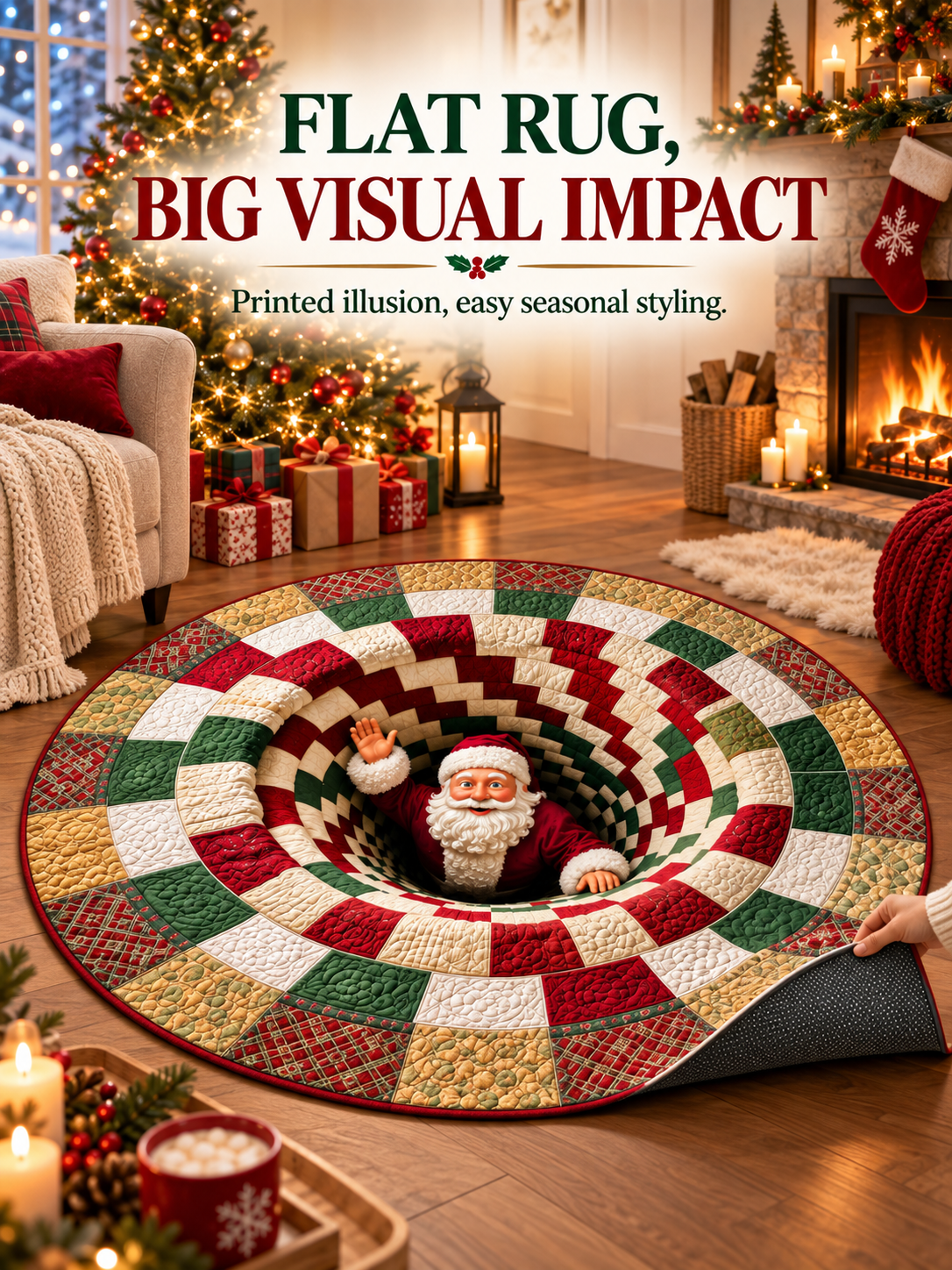🎄 3D Christmas Optical Illusion Round Rug – Festive Crystal Velvet Holiday Floor Mat