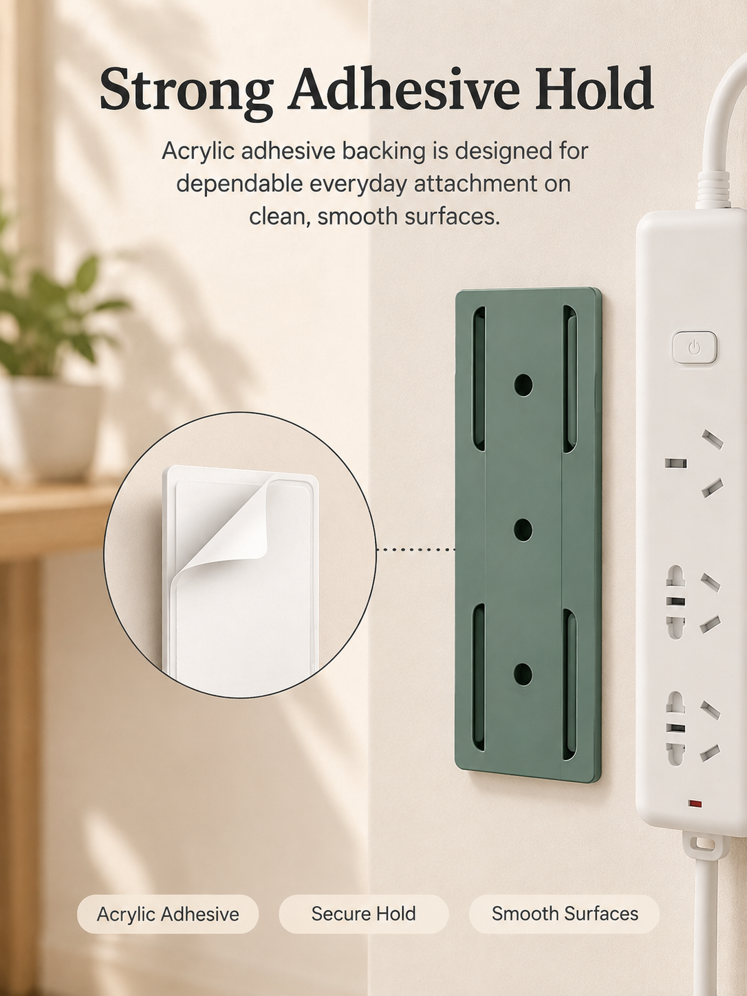 🔌5 Counts   Punch-Free Power Strip Holder – Peel, Stick & Organize