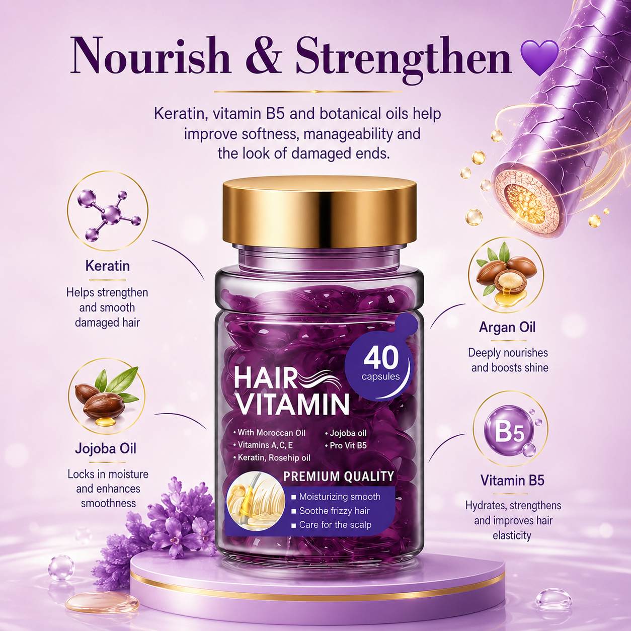 Hair Vitamin Capsules Infused with Violet Vitamins & Argan Oil for Color-Treated 💇‍♀️