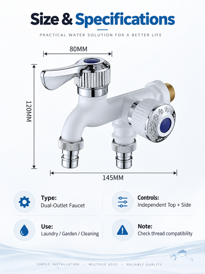 💧 Dual-Outlet Faucet – Two Independent Water Connections for Laundry, Garden & Everyday Cleaning