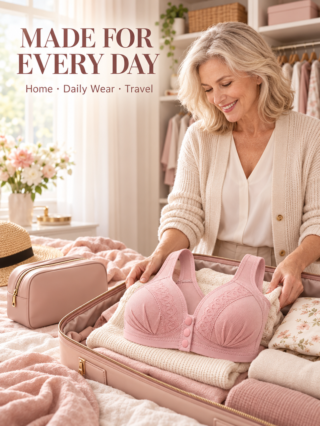 🌸 Wireless Front-Closure Bra – Wide Straps & Full Coverage