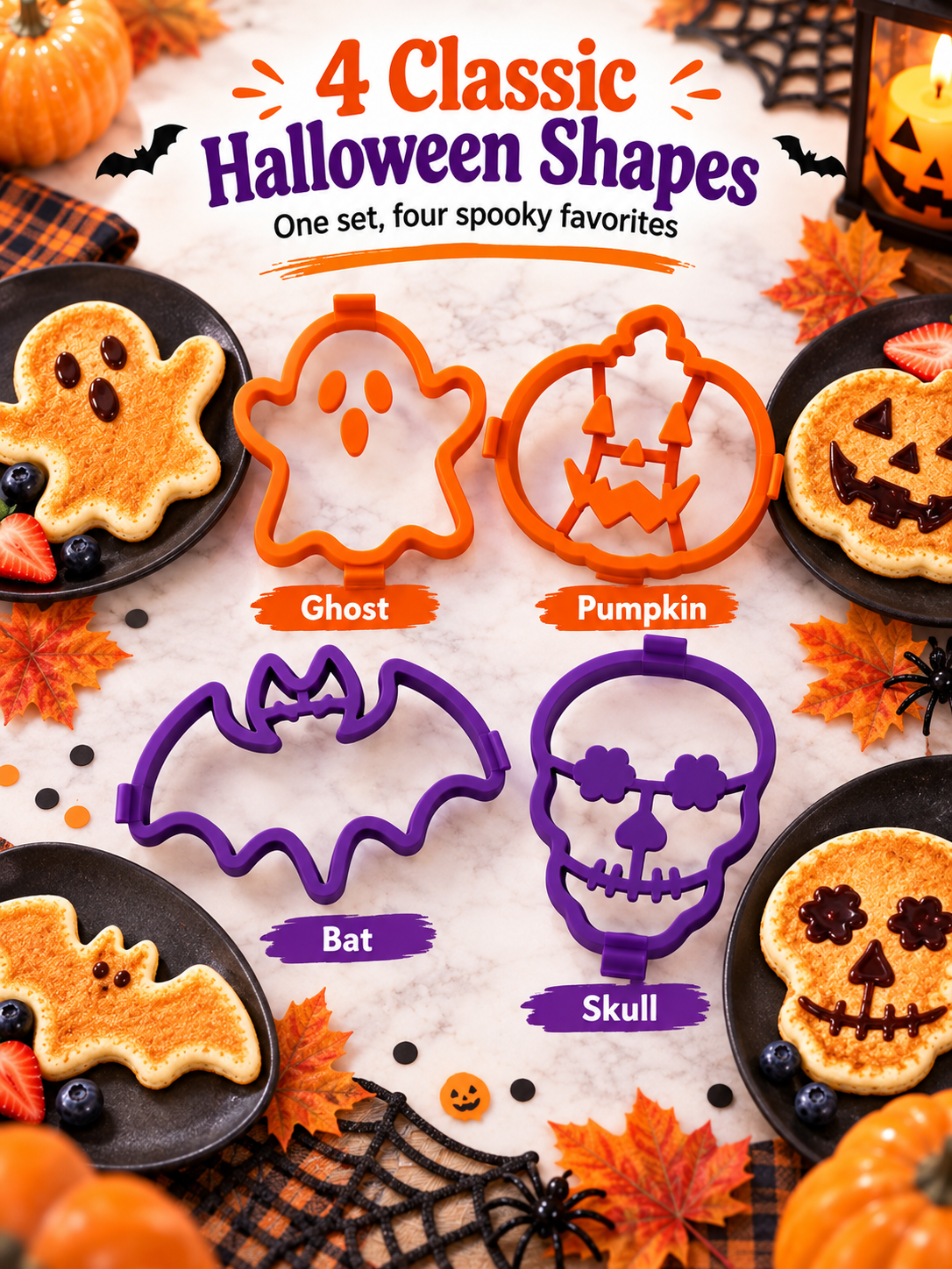 🎃 4-Piece Halloween Pancake Mold Set – Ghost, Pumpkin, Bat & Skull Silicone Shapers
