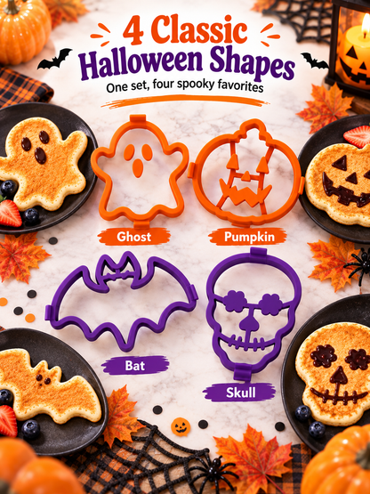 🎃 4-Piece Halloween Pancake Mold Set – Ghost, Pumpkin, Bat & Skull Silicone Shapers