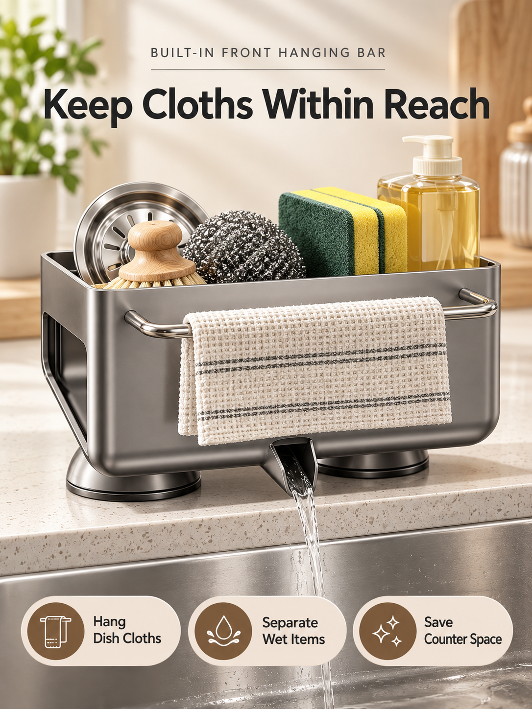 🧽 Auto-Draining Sink Sponge Holder – No-Drill Suction Cup Kitchen Organizer