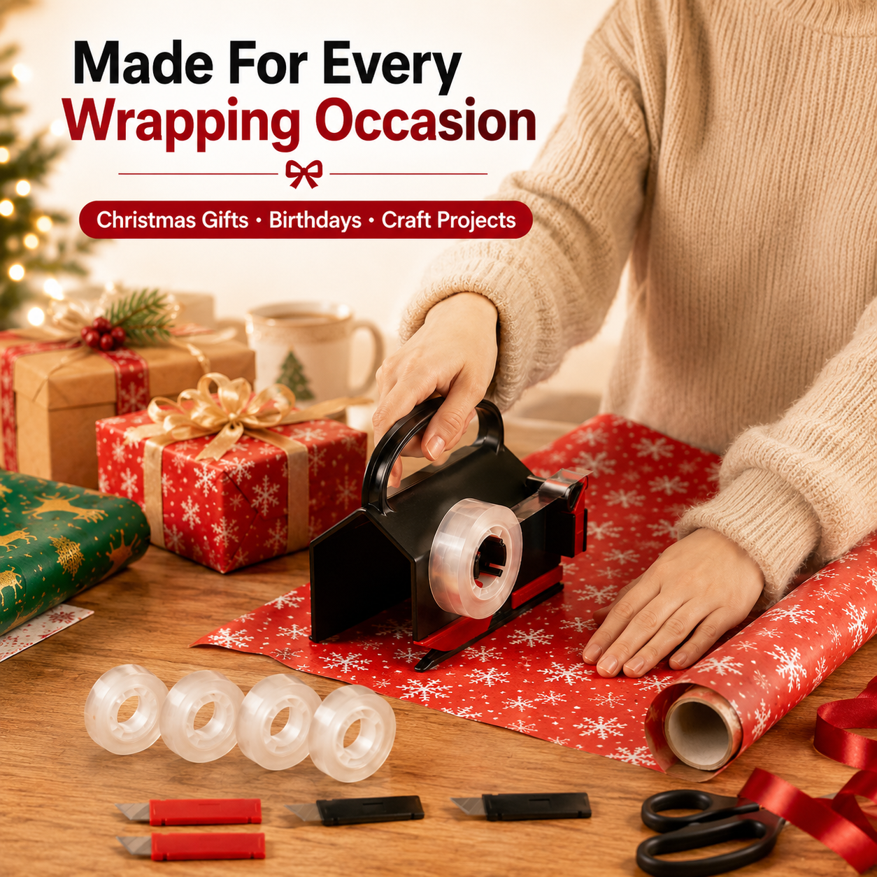 🎁 Buy 1 Get 2 Free – 2-in-1 Wrapping Cutter & Tape Dispenser