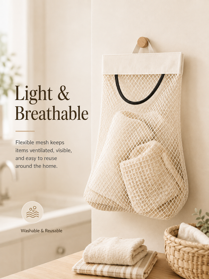 🧺 No-Drill Hanging Mesh Organizer – Self-Adhesive Space-Saving Storage Pouch