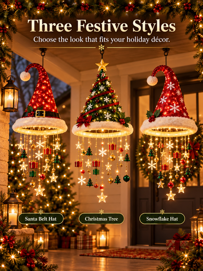 🎄 Lighted Christmas Hanging Chandelier – Tree & Santa Hat Holiday Décor
