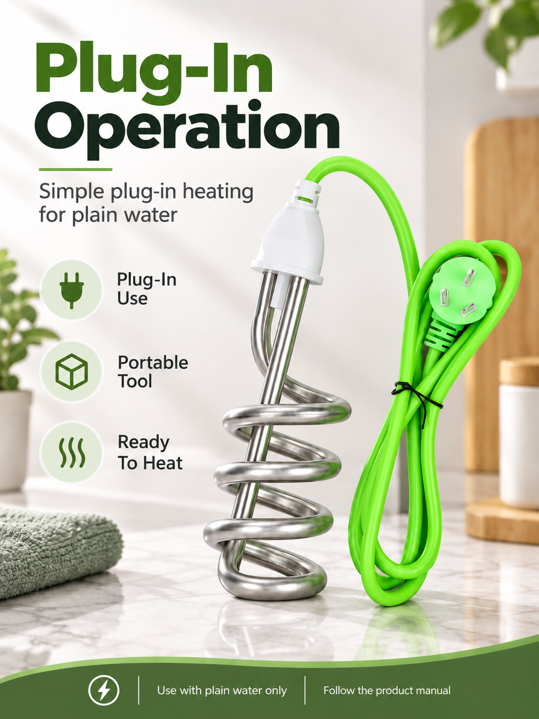 🔌 Portable Immersion Water Heater – Compact Plug-In Design for Small Spaces