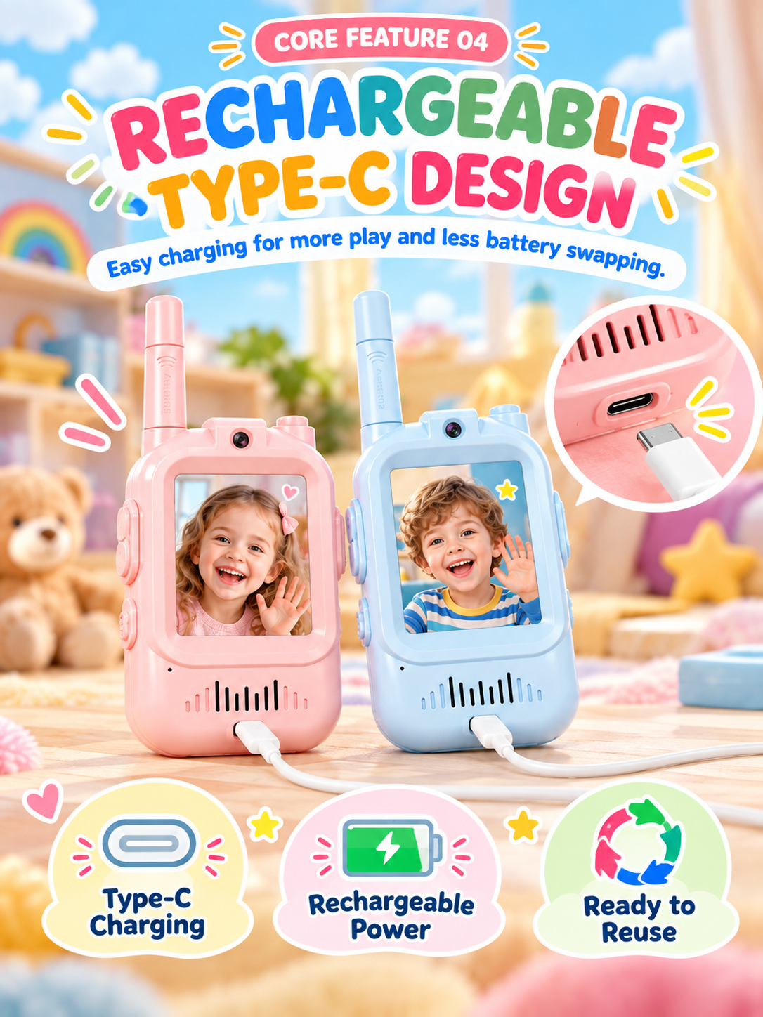 🌈Kids Video Walkie Talkie Set (2-Pack) – Intercom with Camera & Screen