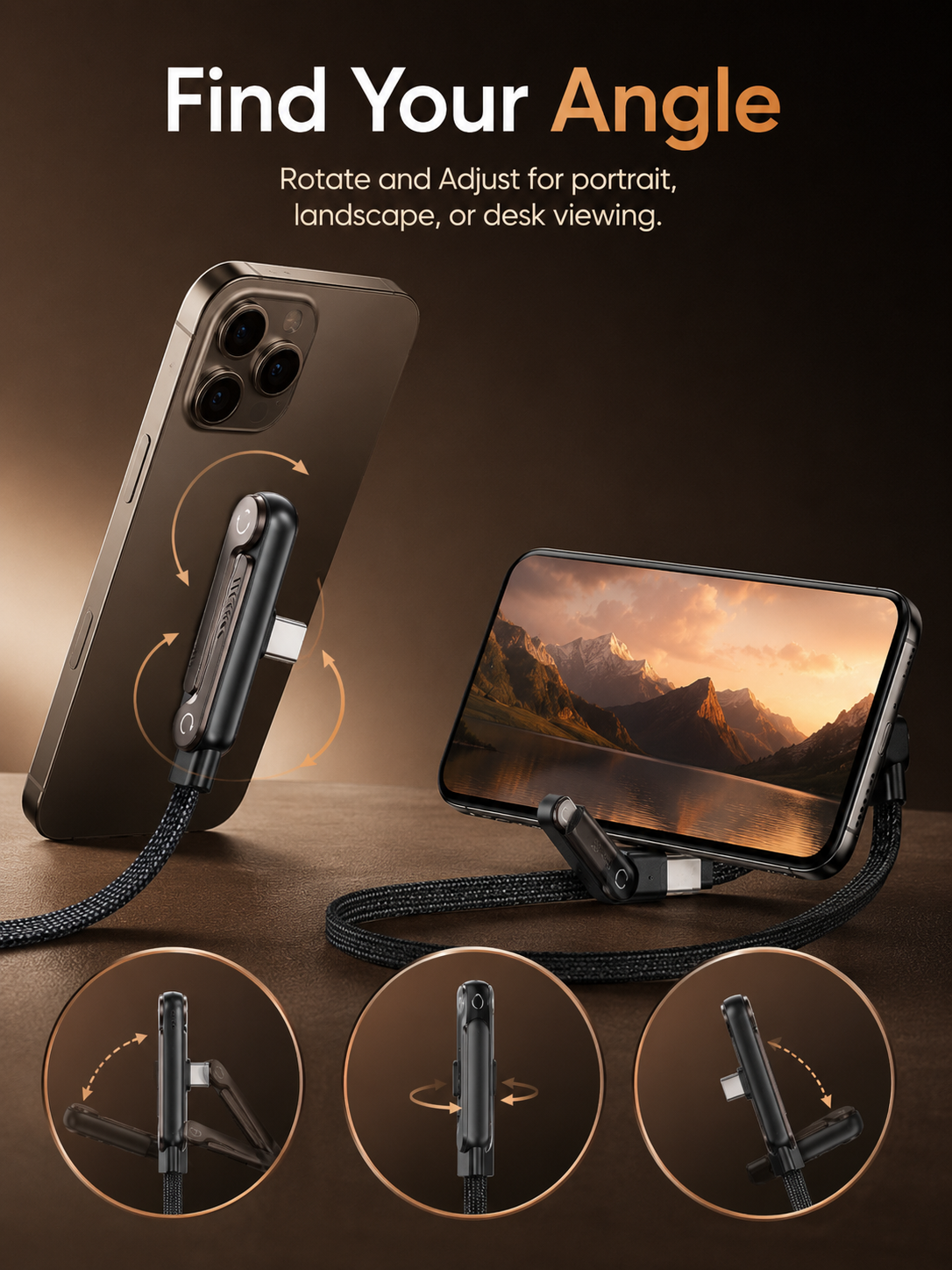 ⚡ 240W USB-C Charging Cable with Phone Stand – 90° Multi-Angle Design