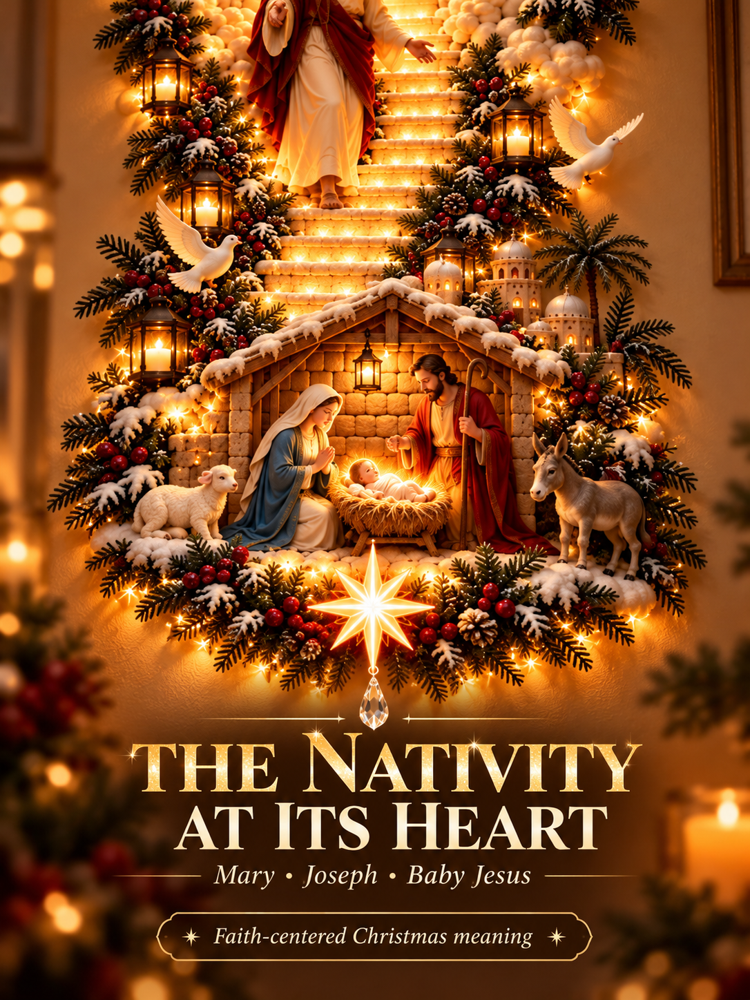 ✨ Jesus Light of Heaven Christmas Wall Hanging | Illuminated Nativity Stairway Decor ✝️