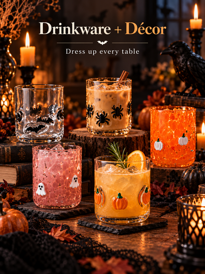 🎃 Festive 3D Appliqué Glass Tumbler – Halloween & Christmas Holiday Drinkware