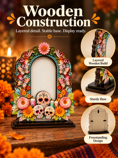💀 Day of the Dead Wooden Photo Frame – Colorful Memorial Tabletop Décor