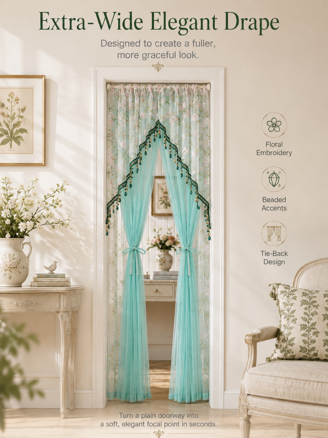 🌸 Extra-Wide Embroidered Beaded Doorway Curtain