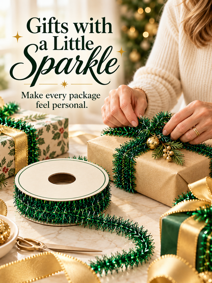 ✨ Metallic Tinsel Trim – Sparkling Decoration for Gift Wrapping & Holiday Crafts