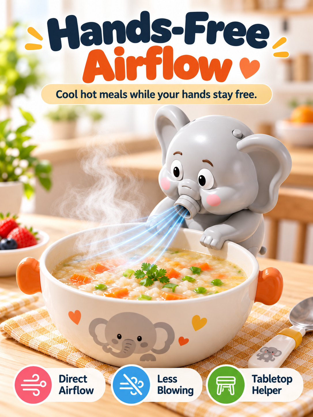 🐘 Hands-Free Food Cooling Fan – Cool Hot Meals Faster Without Blowing