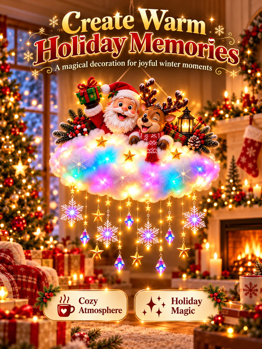 🎄 Angelic Christmas Cloud Light – Magical Santa & Reindeer Hanging Holiday Decoration