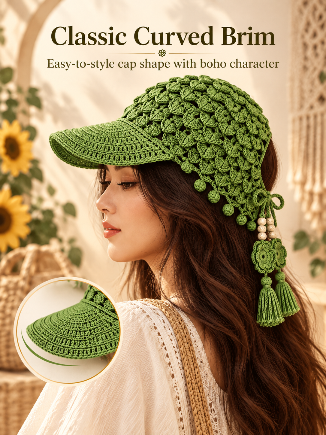 🌻 Handmade-Style Crochet Sunflower Boho Cap – Open-Knit Floral Tassel Baseball Hat