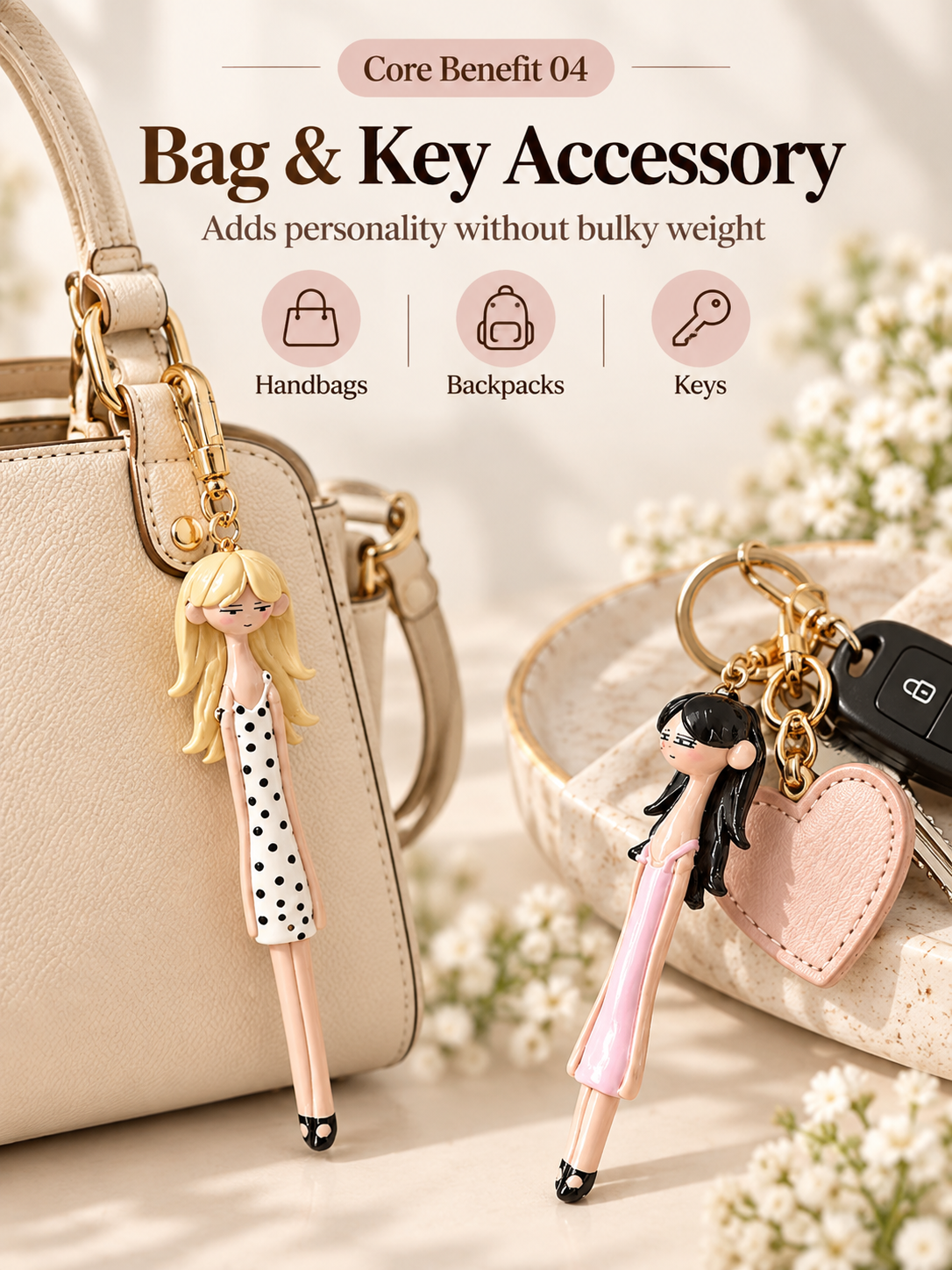 👗 Fashion Doll Bag Charm – Elegant Girl Keychain Pendant