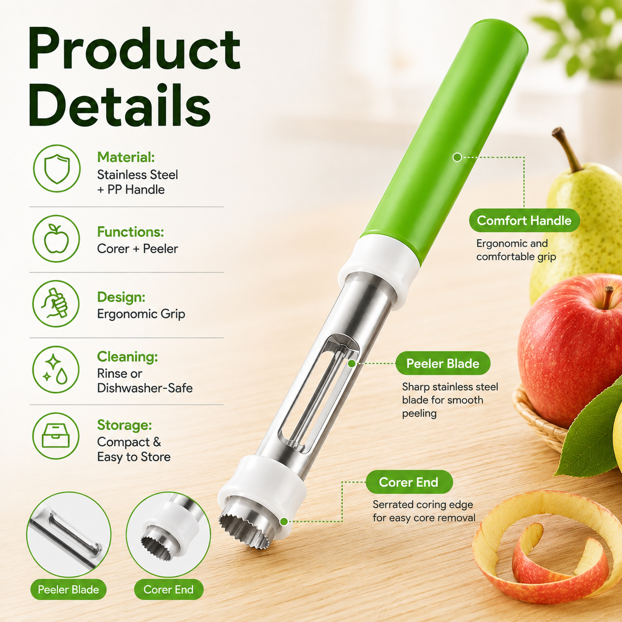 2-in-1 Apple Corer & Peeler 🍎🔪 , Stainless Steel Fruit Tool , Must-Have Kitchen Gadget ✨