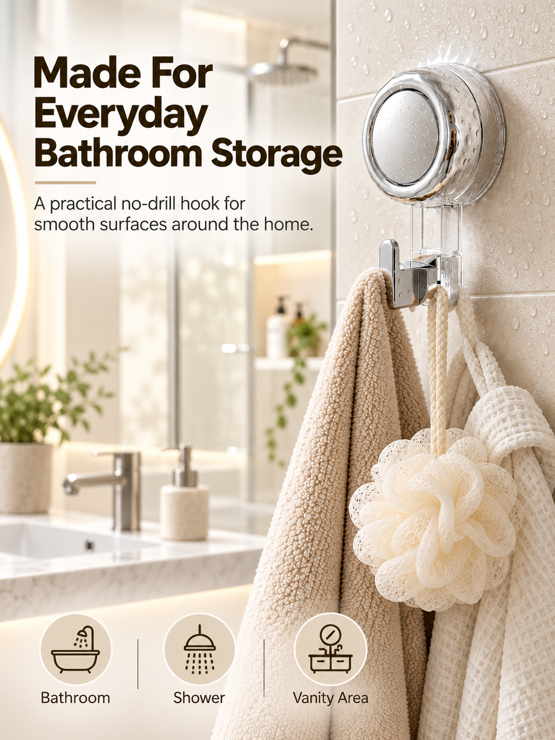 Suction Cup Hooks for Shower | Waterproof No Drill Wall Hooks