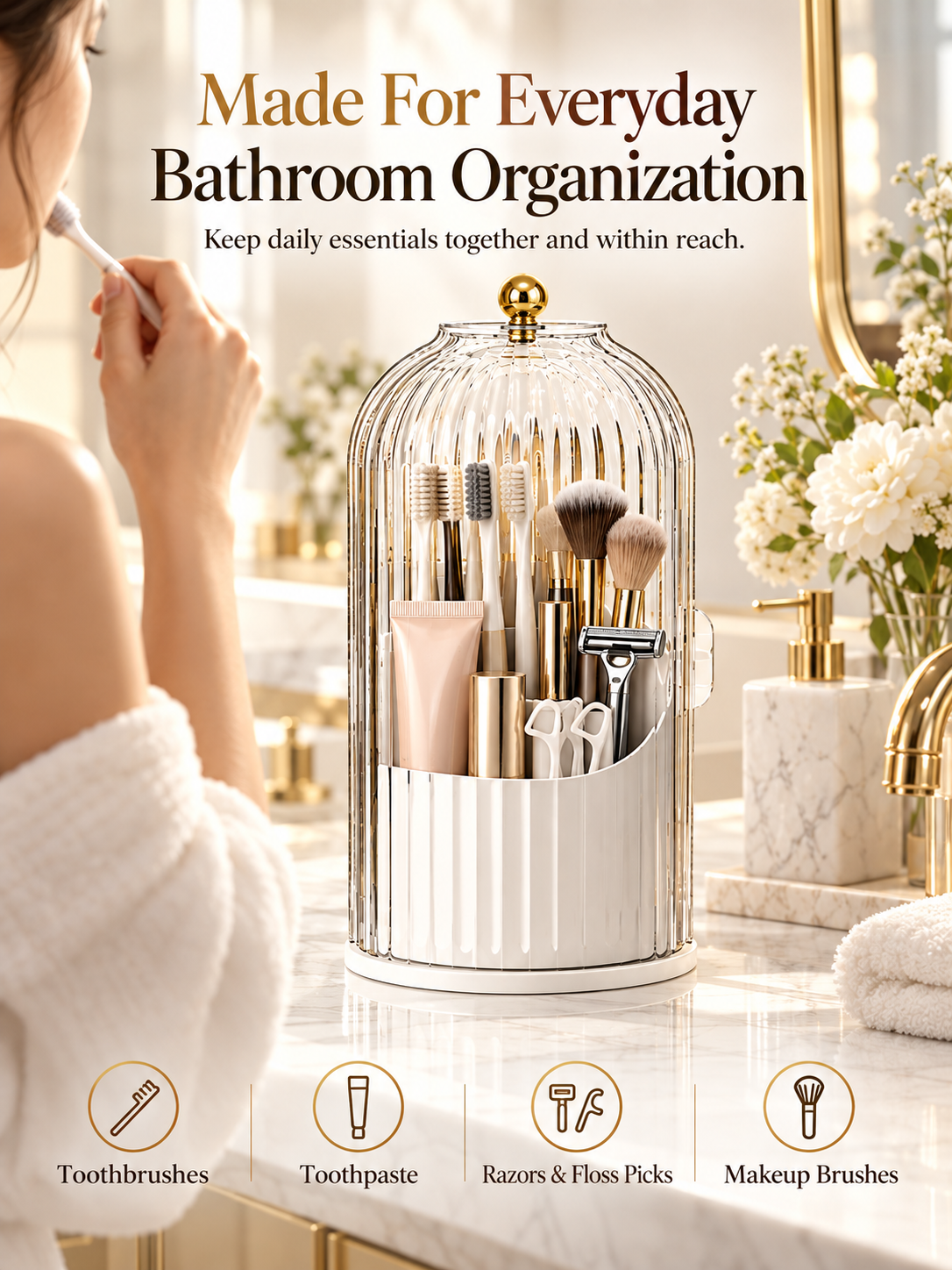 💄 360° Rotating Makeup Brush Organizer – Dustproof Covered Cosmetic Storage Holder