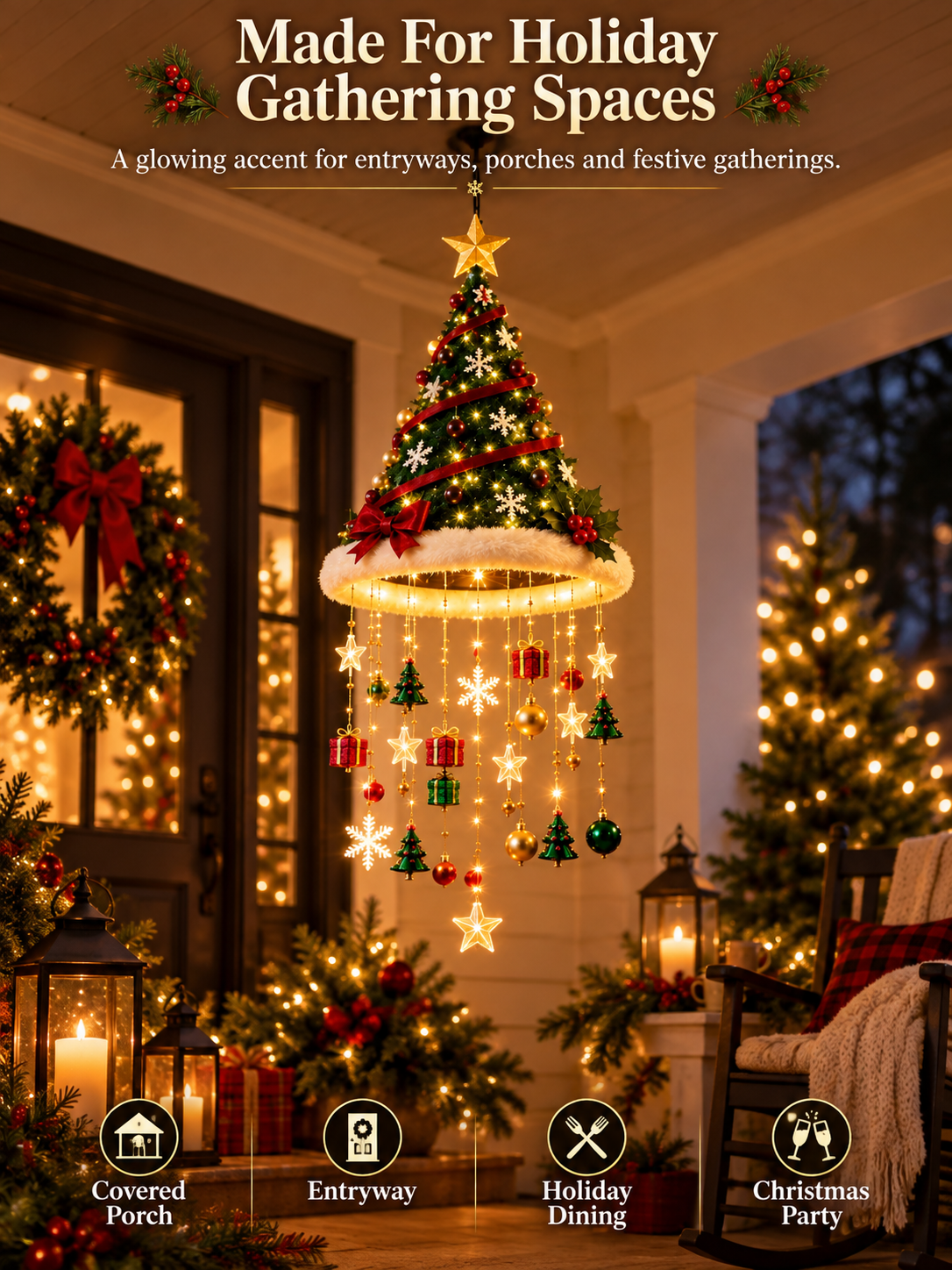 🎄 Lighted Christmas Hanging Chandelier – Tree & Santa Hat Holiday Décor