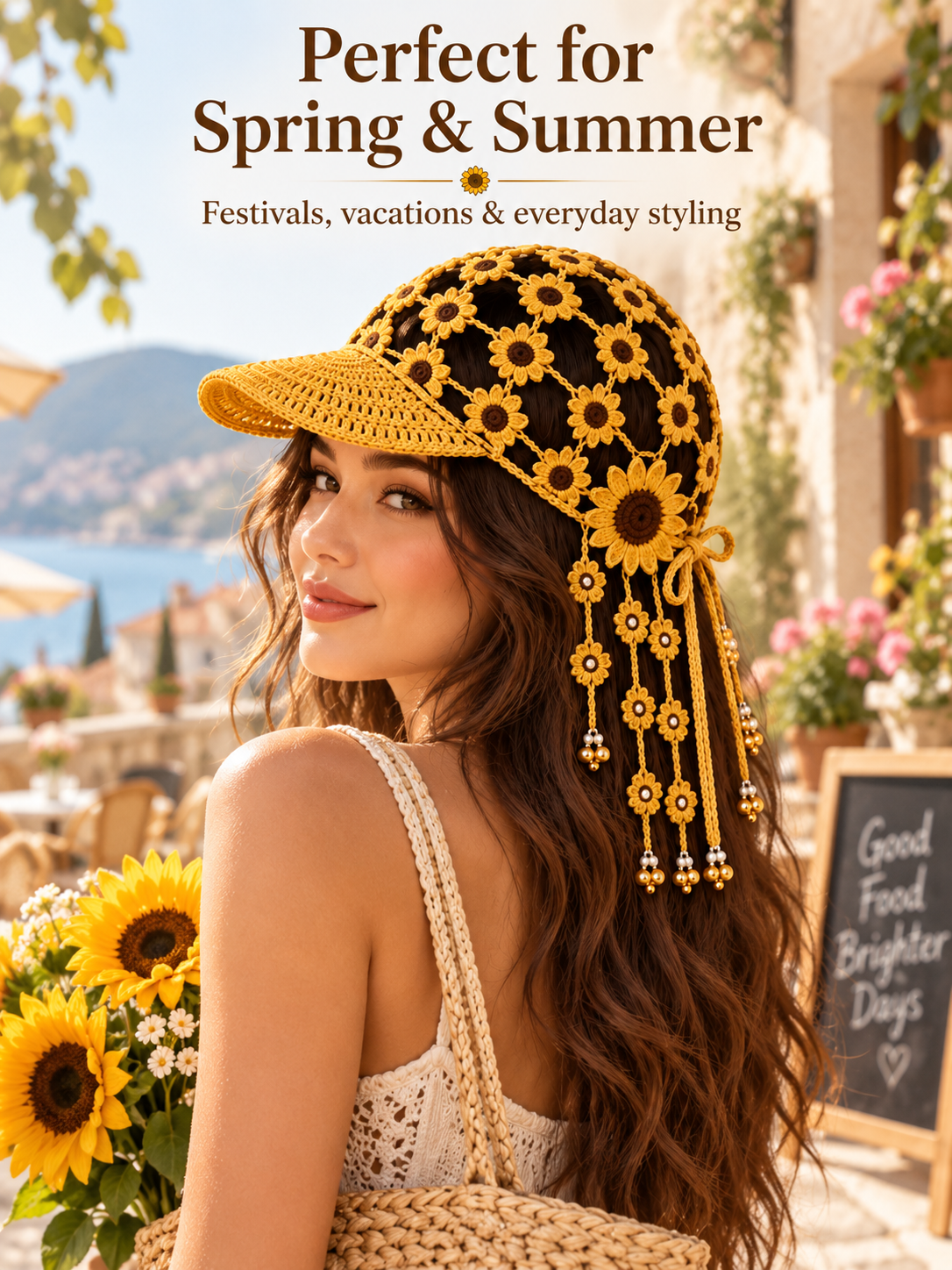 🌻 Handmade-Style Crochet Sunflower Boho Cap – Open-Knit Floral Tassel Baseball Hat
