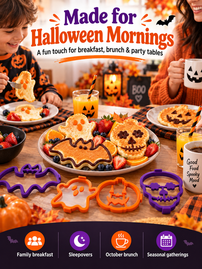 🎃 4-Piece Halloween Pancake Mold Set – Ghost, Pumpkin, Bat & Skull Silicone Shapers