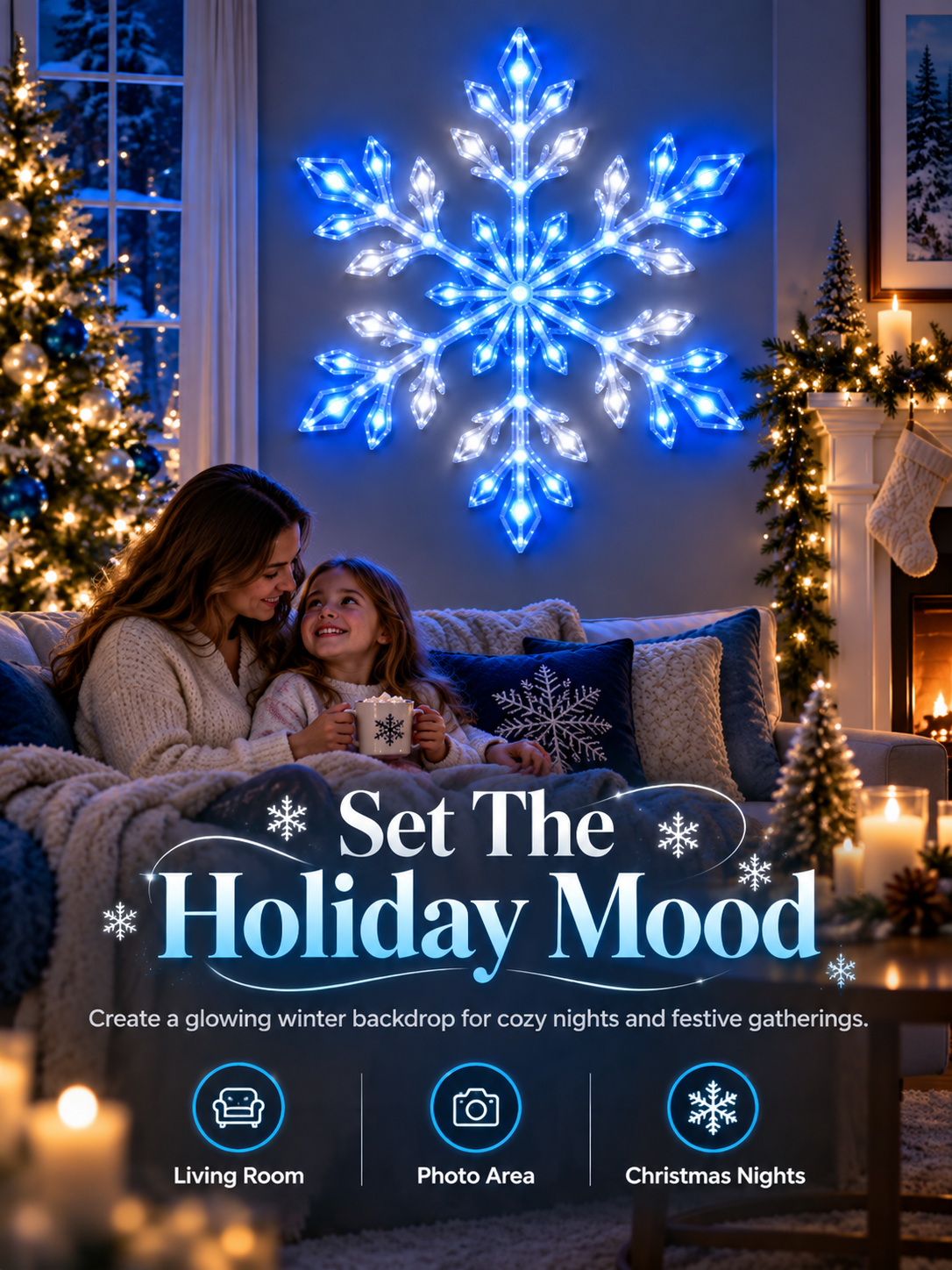 ❄️ Remote-Controlled Snowflake Wall Light Set – Blue & White Christmas Décor